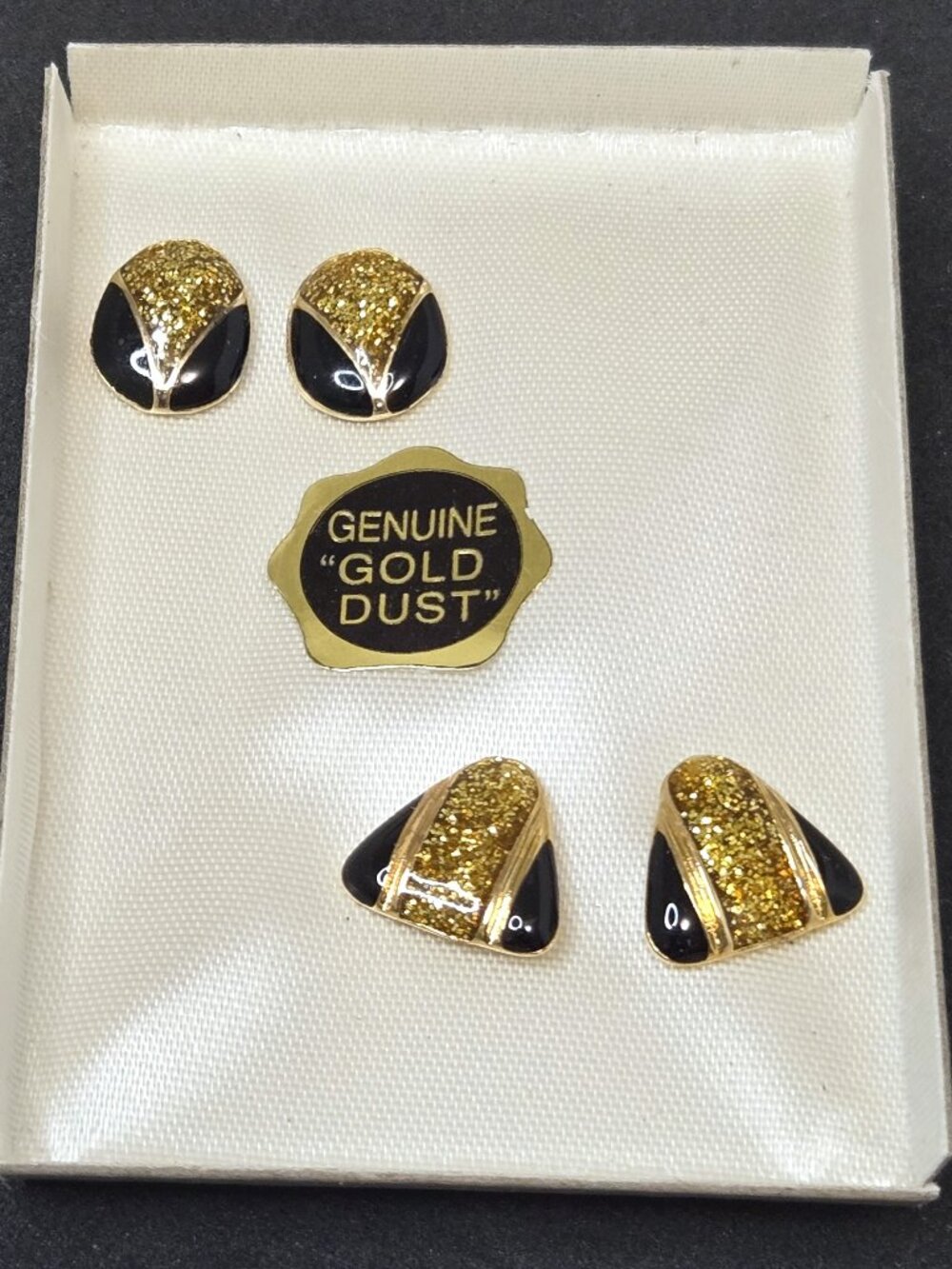 2 Pairs Black & Gold-tone Stud Earrings with Genuine Gold Dust